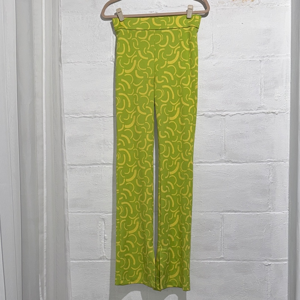 Zara Lime Green Patterned High Rise Wide-Leg Pants